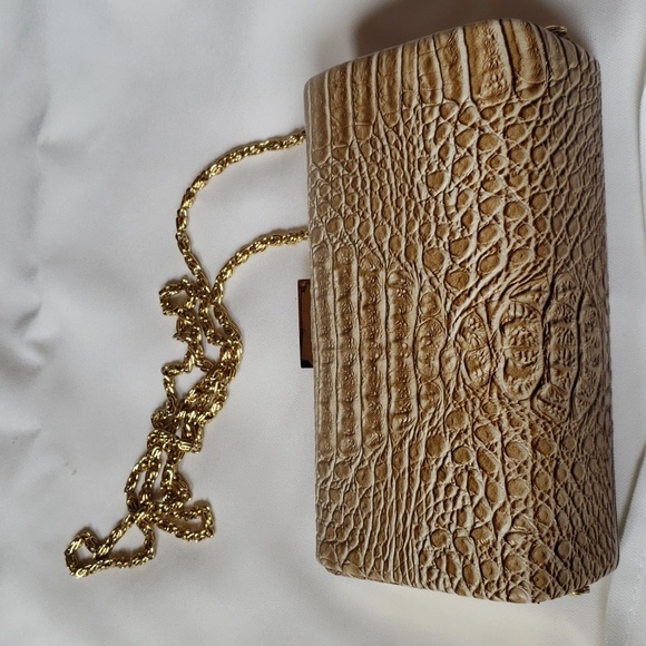 Bijoux Terner Handbags - Bijoux Terner tan vegan croc hardshell clutch w gold hardware and clip clasp